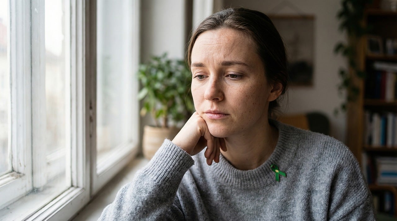 mental health awareness, depression, sadness, loneliness, pensive, young woman, looking out window, green ribbon, awareness ribbon, stress, contemplation, emotional, melancholy, reflection, indoors, home, window, grey sweater, quiet, solitude, coping, thoughtful, serious, ai generated